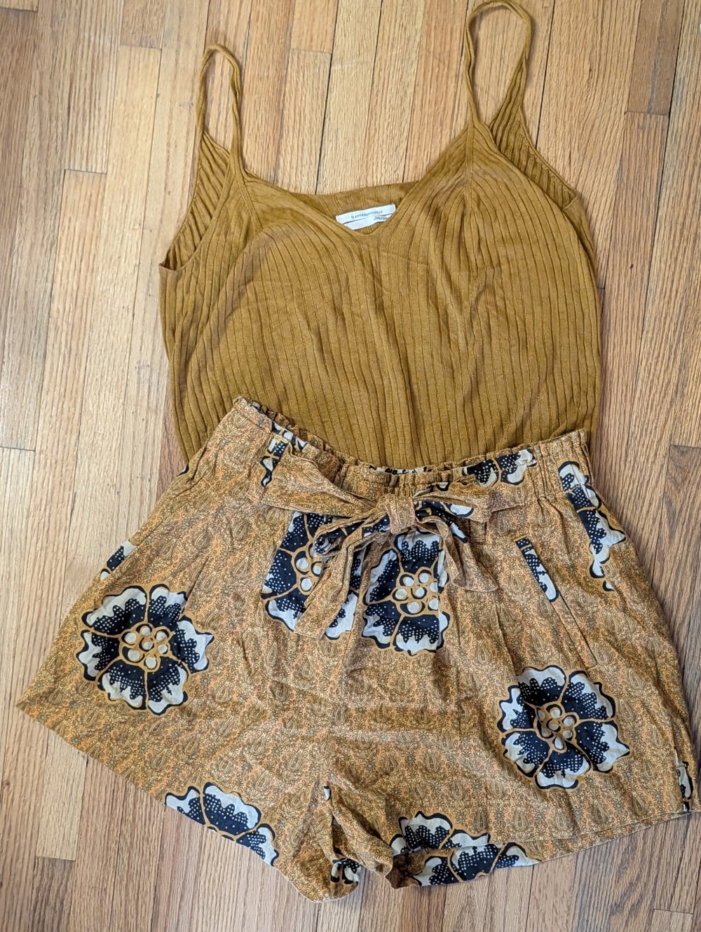Anthropologie 2 Piece Set: Mustard Cami & Floral Shorts